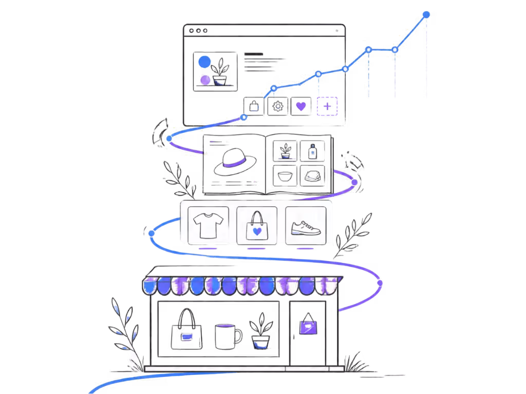 Line-art illustration representing future improvements to an online shop