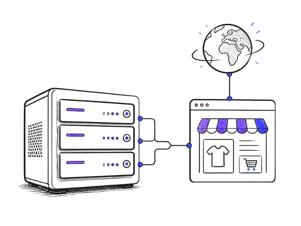 Line-art illustration of a hosted online shop connected to a server