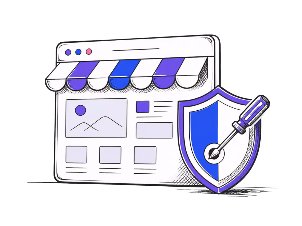Line-art illustration of an online shop receiving website support