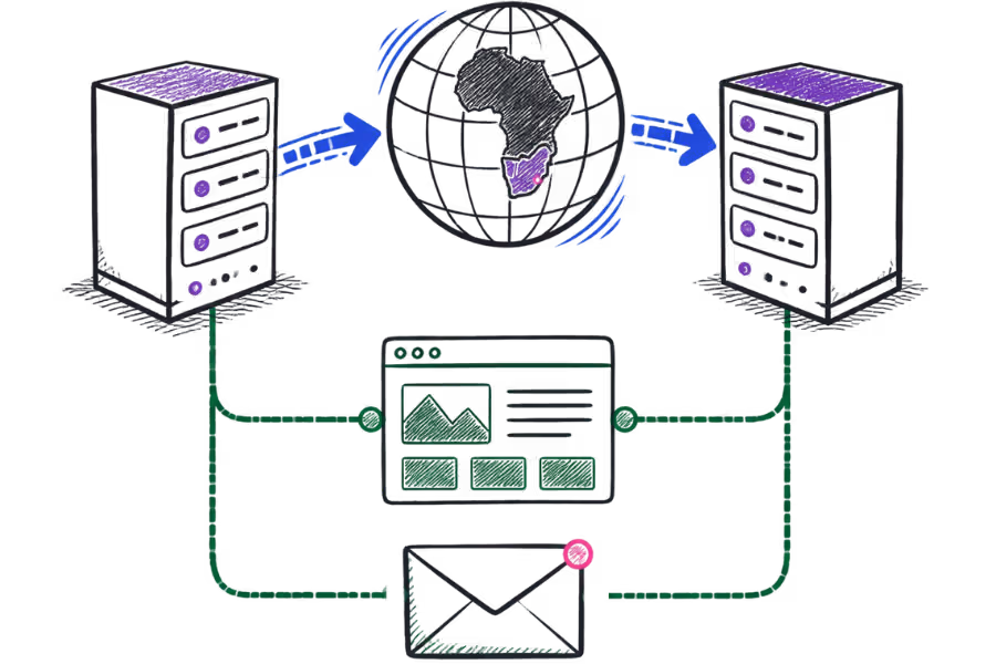 Illustration showing a .co.za domain being transferred between providers.