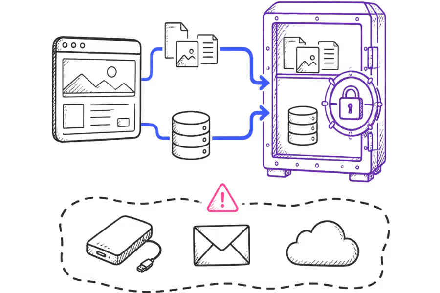 Illustration of website files and a database being protected by a backup system.